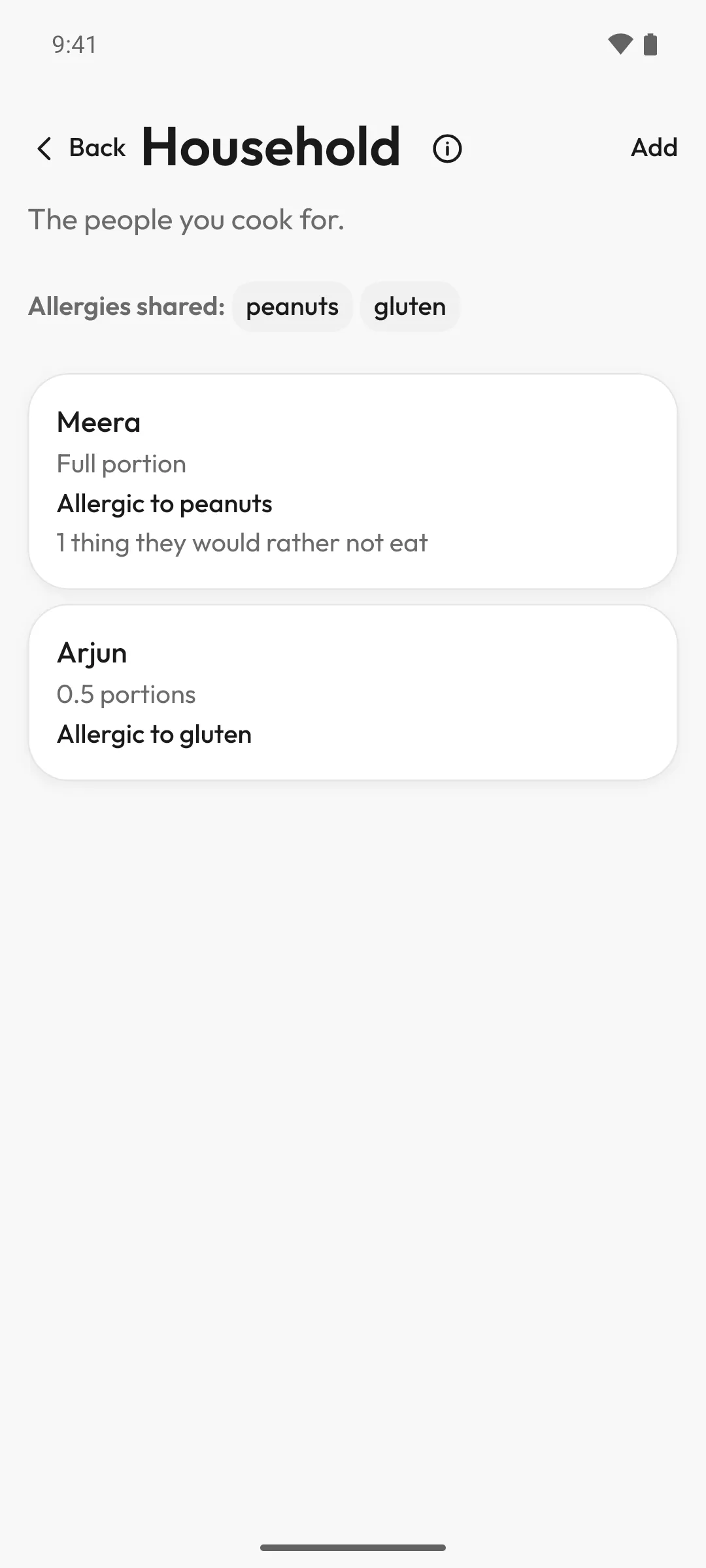 Household: two people, their portions and allergies, and the allergies shared by everyone.